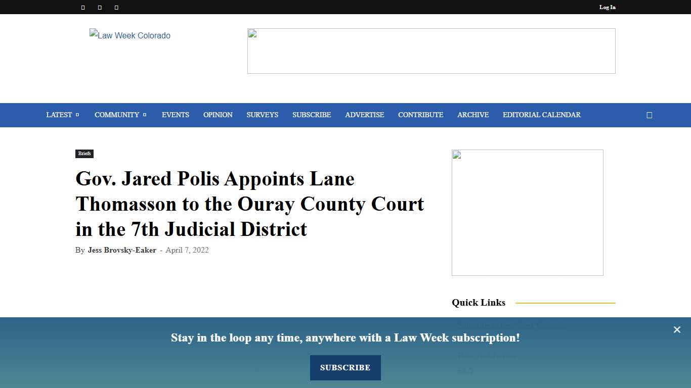 Gov. Jared Polis Appoints Lane Thomasson to the Ouray County Court in the 7th Judicial District - Law Week Colorado